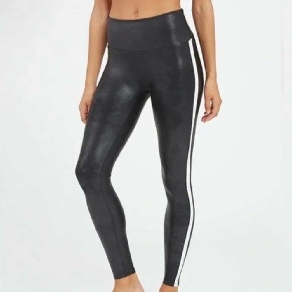 SPANX Women's Small Black Faux Leather White Stripe High Rise Leggings Casual